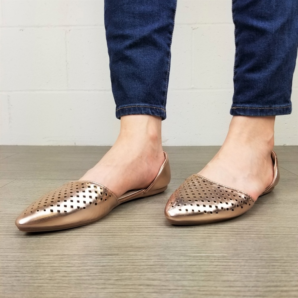 Pointed Toe Perforated Gold Rose Flats - L 13135 - Picture 8 of 8